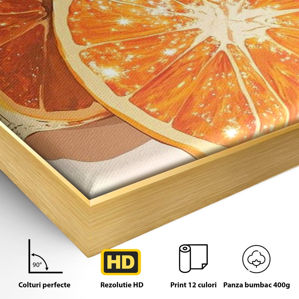 Detaliu al suprafetei: ilustratie digitala cu felii de portocala si globuri disco, in rama de aluminiu auriu